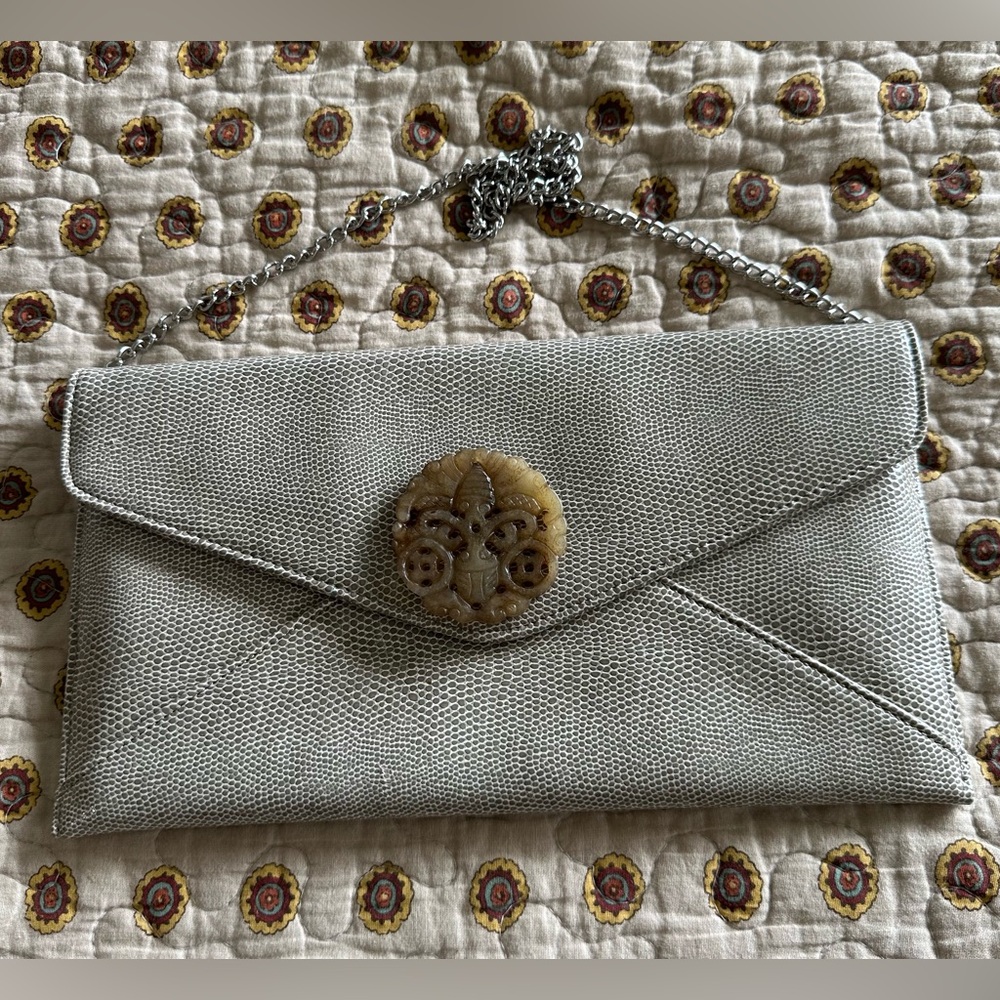 Marjorie Bloom Collection Lizard Envelope Clutch Jade Butterflies Medallion